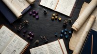 Ancient scrolls and mystical dice arranged on dark wooden surface for tabletop role-playing games and fantasy adventures.