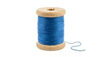 Blue thread spool with wooden bobbin isolated on white background, ready for sewing, crafting, and textile design projects.