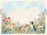 Watercolor dogs of different breeds playing in wildflower meadow with botanical elements, pet illustration for greeting cards and nursery decor.