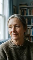 Mature woman with gray hair wearing a knit sweater, positioned near a window with bookshelves in soft focus background, suitable for lifestyle, education, and professional portraits.