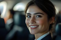 Smiling young Hispanic female flight attendant in uniform with natural makeup and professional appearance aboard commercial aircraft. Hospitality service concept.