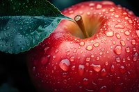 Fresh red apple with water droplets and green leaf, macro photography showing detailed texture of fruit skin in dark background.