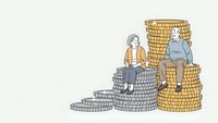 Senior couple sitting on stacks of golden and silver coins representing retirement savings and financial planning for elderly people.