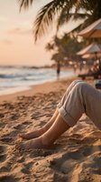 Woman relaxing on tropical beach at sunset with palm trees and golden sand. Peaceful vacation moment with warm evening light and ocean waves in background.