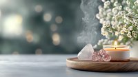 Relaxing spa composition with burning aromatic candle, rose quartz crystals and baby breath flowers on wooden tray against blurred bokeh background.