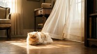 Long-haired ginger cat resting on wooden floor in sunlit room with flowing white curtains and vintage furniture, suitable for home decor and pet lifestyle content.