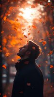 Young Caucasian man in dark coat looking up at falling autumn leaves against orange sunset bokeh background, creating magical atmospheric mood in fall forest.