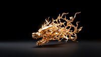 Fierce dragon skull in liquid gold metal with flowing flame-like details against dark background, dramatic lighting creates mystical atmosphere for fantasy designs.