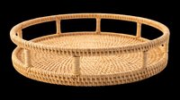 Round woven rattan tray isolated on transparent background, ready for T-shirt design, stickers, clipart, print on demand, and sublimation projects.