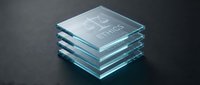 Stacked transparent glass plates with AI ethics text engraved on top layer, isolated on dark background for corporate presentations and technology concepts.