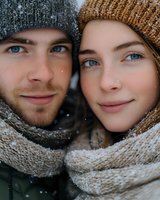 Young couple in knit hats and scarves smiling together outdoors in winter snow, close-up portrait of man and woman with blue eyes wearing warm clothing.