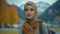 Young Middle Eastern woman wearing hijab smiles confidently against mountain landscape with autumn trees and lake, dressed in casual sweater and backpack for outdoor adventure.
