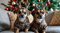 Two small mixed breed dogs wearing reindeer antler headbands and brown sweaters sitting on gray couch with Christmas tree and holiday decorations in background.