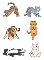 Cartoon cats in various poses and colors including tabby, gray striped, orange, and black and white isolated on white background for design use.