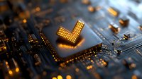 Glowing arrow symbol on computer circuit board with orange light effect and shallow depth of field, representing digital technology advancement.
