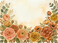 Watercolor floral frame with autumn roses, ranunculus, and berries in warm terracotta and golden tones on a beige background with copy space.
