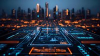 Futuristic circuit board pattern merging with blurred city skyline at dusk, glowing blue technology elements against orange urban lights background.