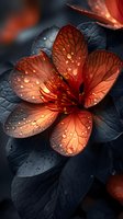 Glowing orange blossom with water drops on dark petals creates dramatic contrast in moody garden scene, macro photography highlighting delicate floral details.