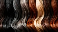 Diverse hair color palette with wavy strands ranging from deep black and silver gray to warm auburn, blonde, and rich copper tones arranged in parallel sections.