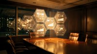Luxury conference room with hexagonal illuminated wall panels, wooden table, leather chairs, and warm ambient lighting for corporate meetings and business presentations.