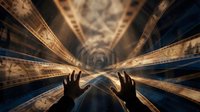 Hands reaching toward dramatic architectural perspective with ornate ceiling details creating powerful vanishing point in historic building interior.