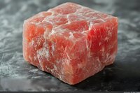 Pink Himalayan salt crystal cube on dark stone background shows natural mineral structure and translucent crystalline patterns in warm rosy hues.