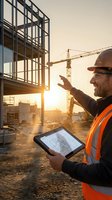 Construction worker wearing safety helmet and orange vest holding digital tablet with building blueprints at sunset on active job site with crane and steel framework structures.