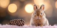 Adorable brown bunny rabbit sitting on pink fluffy surface next to pine cone against warm bokeh background, creating cozy winter holiday atmosphere.