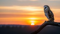 Barn owl perched on branch against golden sunset sky. Wildlife photography capturing nocturnal bird of prey in natural habitat during twilight hours.