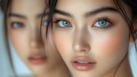 Young Caucasian woman with striking blue eyes and natural makeup looking directly at camera with soft lighting and blurred background for beauty concepts.