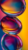 Vibrant macro photography of water drops with colorful light refraction creating abstract patterns against yellow and blue background. Artistic close-up reveals rainbow spectrum.