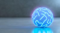 Glowing blue neon sphere with abstract linear pattern on dark background creates futuristic atmosphere. Mysterious light ball reflects on surface, adding depth and ambiance.
