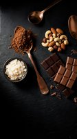 Chocolate bar pieces with cocoa powder, mixed nuts and coconut flakes on dark slate background with wooden spoons for baking and confectionery projects.