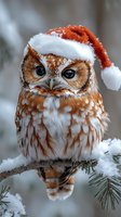 Adorable brown and white owl wearing red and white Santa hat perched on snowy evergreen branch during winter holiday season.