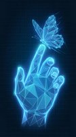 Glowing blue polygonal hand with butterfly on finger, low poly wireframe design on dark grid background for digital art and technology concepts.