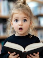 Young Caucasian girl with surprised expression and wide blue eyes holds open book, wearing black sweater. Messy blonde hair in bun style. Blurred bookshelf background.