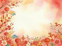 Lunar new year celebration background with red lanterns, blossoms, and traditional ornaments on warm watercolor backdrop.