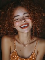 Young woman with curly reddish-brown hair and freckles smiling brightly with eyes closed, wearing orange top and necklace against dark background for portrait and lifestyle use.