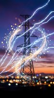 High voltage transmission tower with dramatic lightning bolts and glowing energy effects against twilight sky for power industry concepts.