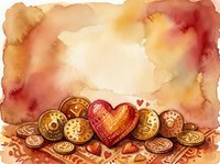 Watercolor heart with golden coins on warm terracotta background, love and wealth concept with copy space for Valentine or wedding design.