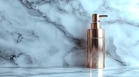 Luxurious rose gold cosmetic pump bottle on marble background. Elegant bathroom accessory for soap, lotion or sanitizer. Modern minimalist style product photography.