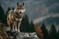 Gray wolf standing on rocky cliff overlooking forest valley in natural mountain habitat during golden hour light for wildlife photography and nature content.