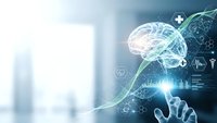 Digital brain with neural networks and medical icons floating above human hand in futuristic healthcare technology concept for AI diagnostics.