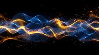 Abstract glowing blue and gold energy waves flowing against dark background with light particles and dynamic motion effects create cosmic atmosphere.