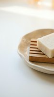 Natural handmade soap bar on wooden holder in ceramic dish with soft lighting for spa wellness and organic skincare routine.