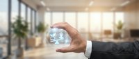 Businessman hand protecting digital cloud computing network with security icons in modern office environment for data protection and cybersecurity solutions.