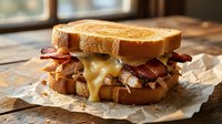 Grilled cheese sandwich with crispy bacon and melted cheese dripping on parchment paper. Comfort food breakfast or lunch meal on wooden table by window.