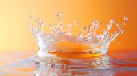 Dynamic water crown splash with droplets frozen in time against vibrant orange background, creating symmetrical liquid crown formation with intricate details.