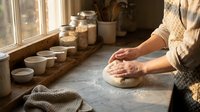 Hands kneading fresh dough on a floured marble countertop near a sunny window with jars and ceramic cups in a rustic kitchen.