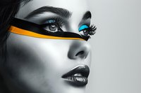 Dramatic black and white portrait of young woman with bright blue eyes and orange accent stripe, artistic makeup and glossy lips, fashion beauty concept.